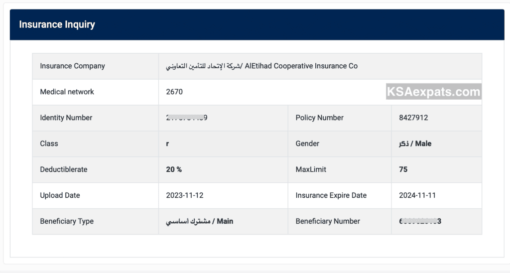 Saudi Arabia iqama insurance check, insurance inquiry, insurance company, medical network, class, deductible, policy number, limit